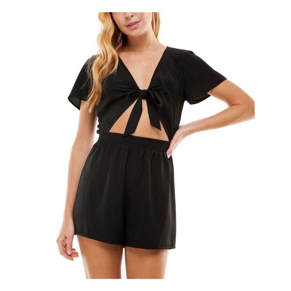 BEBOP Womens High Waist Romper Black Flutter Sleeve V Neck Tie Front Juniors XS - Picture 1 of 5